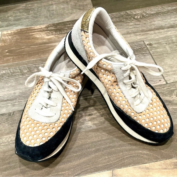 Loeflfler Randall Rio Perforated Tan Leather & Black Suede Sneaker Size 7 Women - Picture 2 of 11